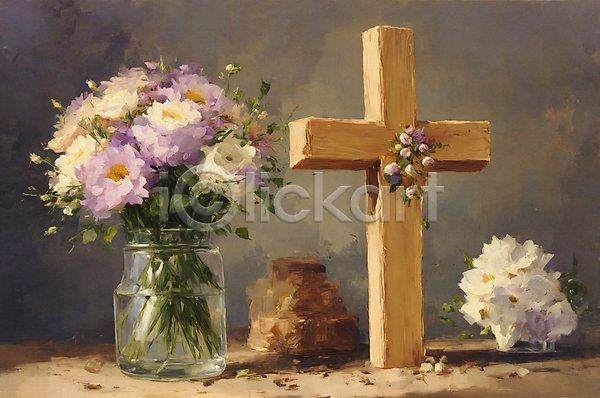사람없음 JPG 일러스트 그림 기독교 꽃 꽃병 붓터치 십자가 유리병 유화
