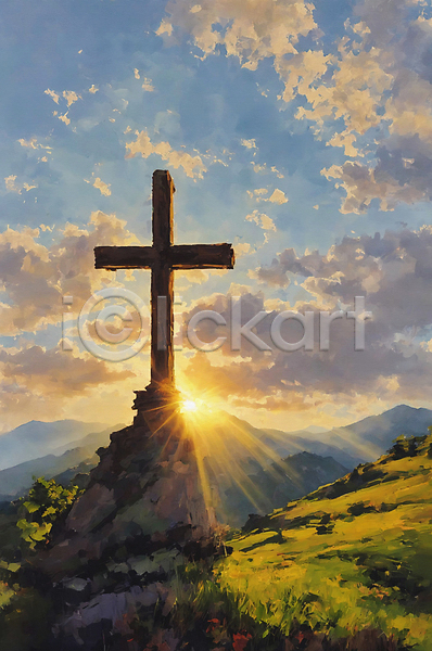 사람없음 JPG 일러스트 구름(자연) 그림 기독교 붓터치 산 십자가 언덕 역광 유화 일몰 태양 풍경(경치) 햇빛