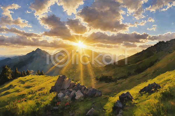 사람없음 JPG 일러스트 구름(자연) 그림 바위(돌) 붓터치 산 언덕 유화 일몰 자연 태양 풍경(경치) 하늘 햇빛
