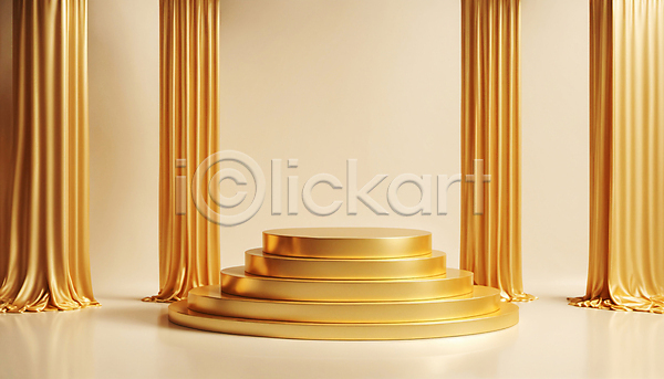 사람없음 JPG 디지털합성 편집이미지 공간 금색 금속 단상 목업 백그라운드 원형 커튼 포디움 황금