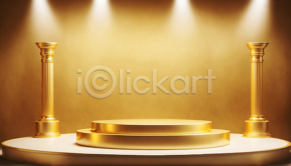 사람없음 JPG 디지털합성 편집이미지 공간 광택 금색 금속 기둥 단상 목업 백그라운드 빛 원형 포디움 황금