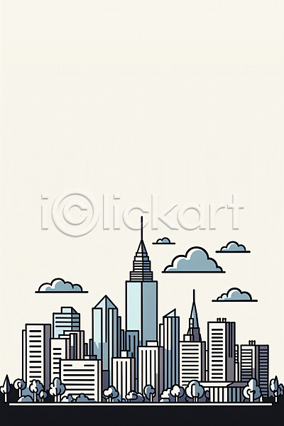 사람없음 JPG 일러스트 건물 건축 고층빌딩 구름(자연) 그림 나무 도시 도시풍경 라인아트 스카이라인