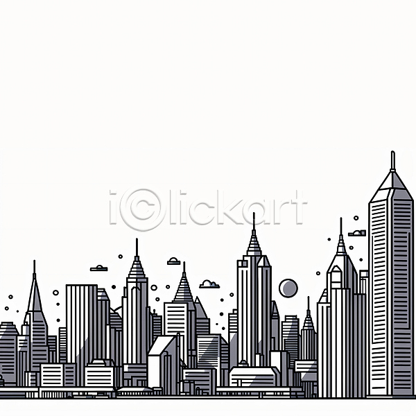 사람없음 JPG 일러스트 건물 건축 고층빌딩 구름(자연) 그림 도시 도시풍경 라인아트 빌딩숲 스카이라인 태양