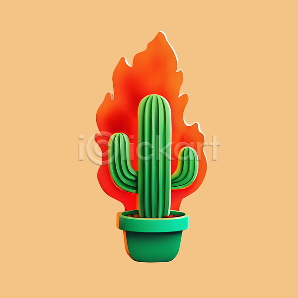 지구온난화 환경오염 사람없음 3D PSD 디지털합성 아이콘 불 불꽃(불) 선인장 선인장화분 자연보호 초록색 화분