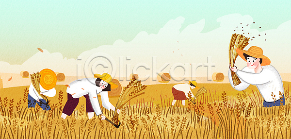 남자 성인 성인만 여러명 여자 PSD 일러스트 낫 논 농업 들기 밀짚모자 벼 볏짚 상반신 수확 쌀 잡기 하늘