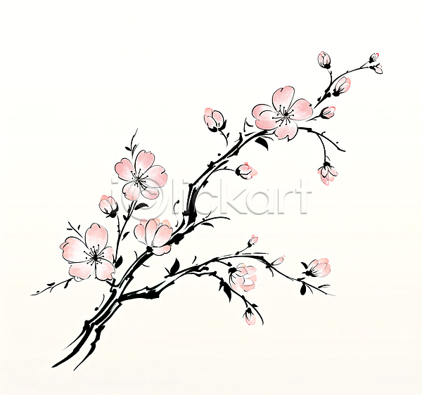 사람없음 JPG 일러스트 나뭇가지 백그라운드 번짐 벚꽃 붓터치 수묵화 수채화(물감)