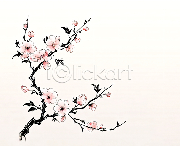 사람없음 JPG 일러스트 나뭇가지 백그라운드 번짐 벚꽃 분홍색 붓터치 수묵화 수채화(물감)