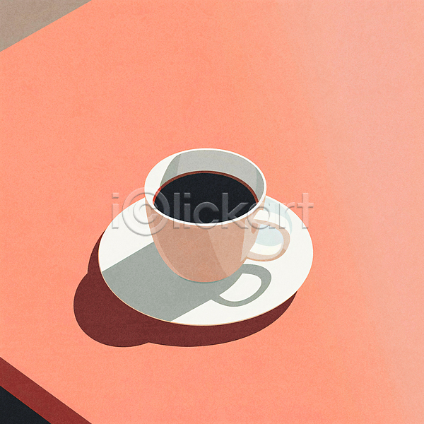 티타임 사람없음 JPG 일러스트 그림자 미니멀 책상 카페 커피 커피잔 컵 컵받침 코랄 탁자