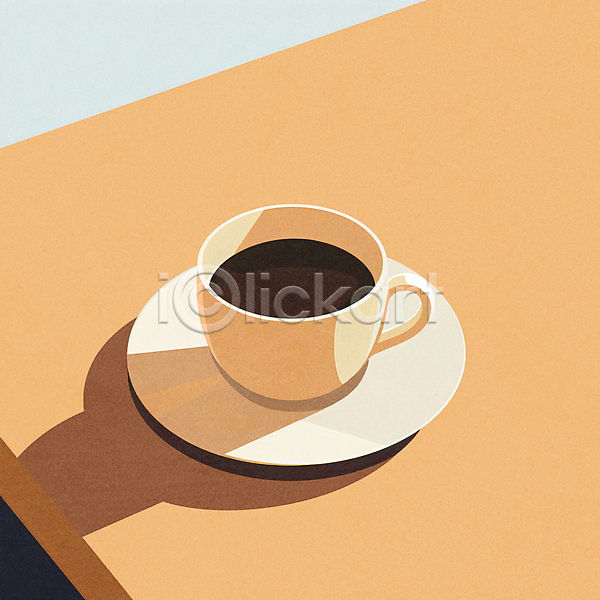 티타임 사람없음 JPG 일러스트 그림자 미니멀 주황색 책상 카페 커피 커피잔 컵 컵받침 탁자