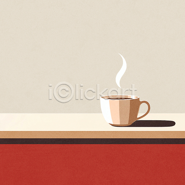 티타임 사람없음 JPG 일러스트 그림자 미니멀 베이지색 빨간색 연기 카페 커피 커피잔 컵 탁자
