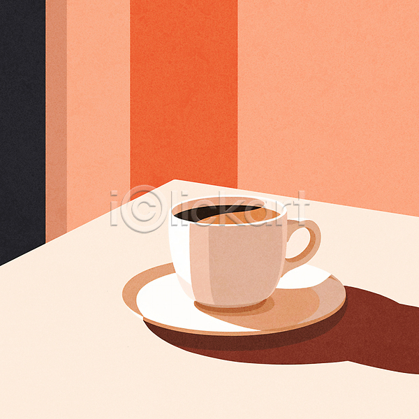 티타임 사람없음 JPG 일러스트 그림자 미니멀 책상 카페 커피 커피잔 컵 컵받침 탁자