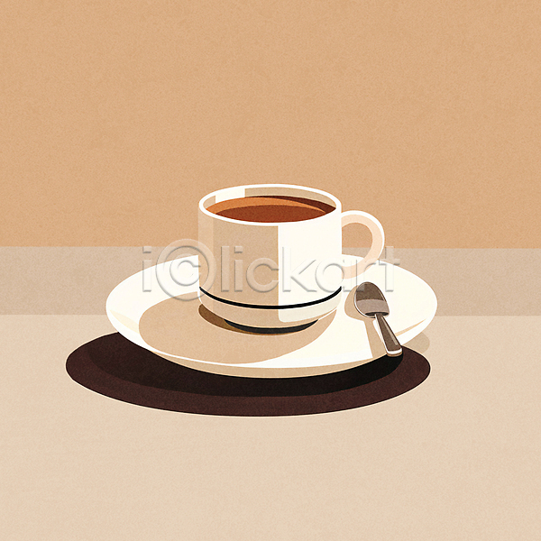 티타임 사람없음 JPG 일러스트 갈색 미니멀 카페 커피 커피잔 컵 컵받침 티스푼
