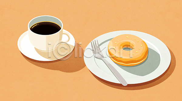 티타임 사람없음 JPG 일러스트 도넛 미니멀 스프링클 접시 주황색 책상 카페 커피 커피잔 컵 컵받침 탁자 포크