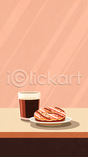 티타임 사람없음 JPG 일러스트 도넛 미니멀 분홍색 스프링클 접시 책상 카페 커피 커피잔 컵 탁자