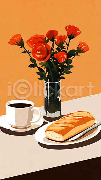 티타임 사람없음 JPG 일러스트 나이프 미니멀 빵 유리병 장미 접시 주황색 책상 카페 커피 커피잔 컵 컵받침 탁자 화분