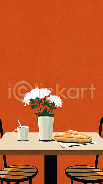 티타임 사람없음 JPG 일러스트 꽃 미니멀 빨간색 빨대 빵 의자 책상 카페 커피 커피잔 컵 탁자 화분