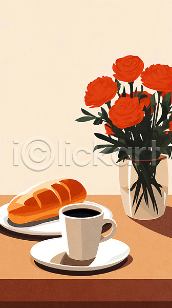 티타임 사람없음 JPG 일러스트 미니멀 빵 유리병 장미 접시 책상 카페 커피 커피잔 컵 컵받침 탁자 화분