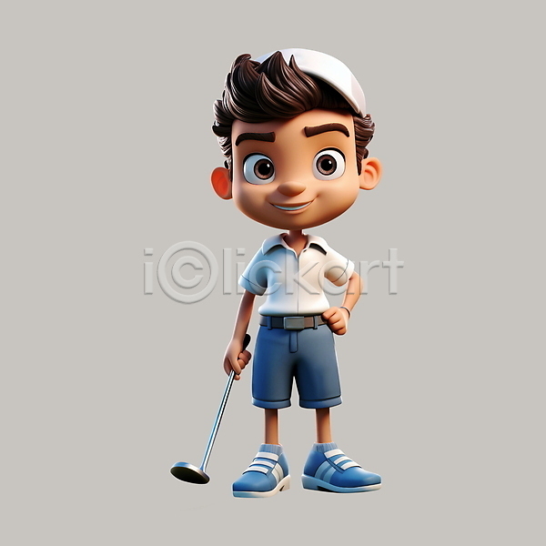 남자 성인 성인남자한명만 청년 한명 3D PSD 편집이미지 3D캐릭터 골퍼 골프 골프웨어 골프채 들기 미소(표정) 서기 전신