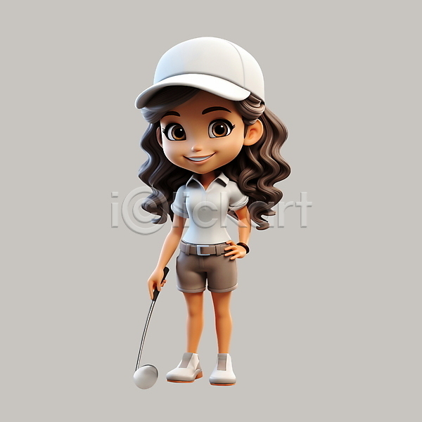 성인 성인여자한명만 여자 한명 3D PSD 편집이미지 3D캐릭터 골퍼 골프 골프웨어 골프채 미소(표정) 서기 잡기 전신 허리손
