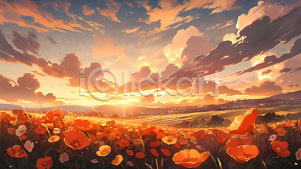 사람없음 JPG 일러스트 구름(자연) 꽃 꽃밭 일몰 자연 풍경(경치) 하늘