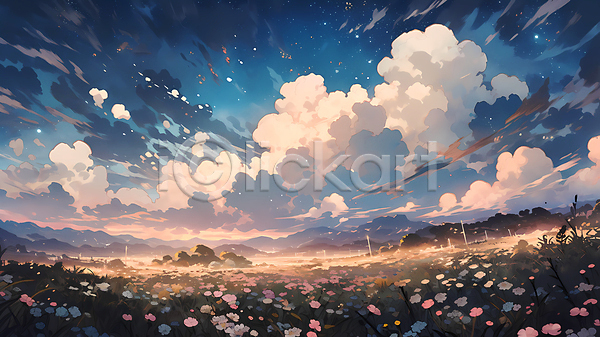 사람없음 JPG 일러스트 구름(자연) 꽃 꽃밭 밤하늘 자연 풍경(경치)