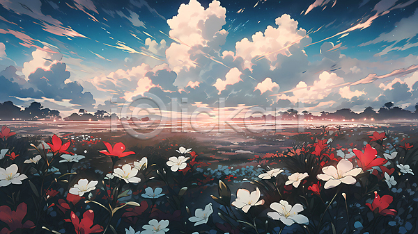 사람없음 JPG 일러스트 구름(자연) 꽃 꽃밭 자연 풍경(경치) 하늘