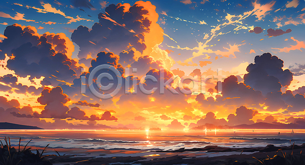 사람없음 JPG 일러스트 구름(자연) 바다 일몰 자연 풍경(경치) 하늘 해변