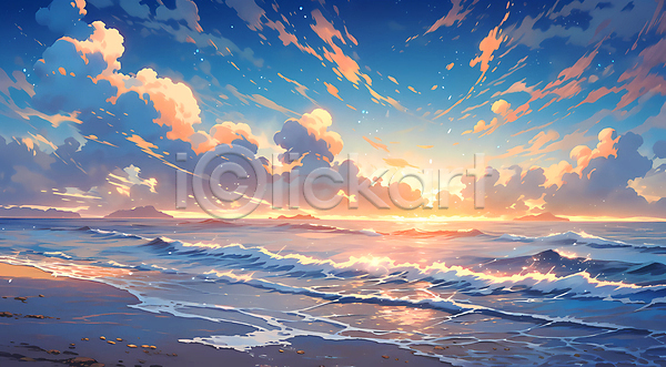 사람없음 JPG 일러스트 구름(자연) 일몰 자연 파도 풍경(경치) 하늘 해변