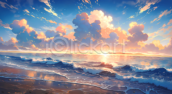 사람없음 JPG 일러스트 구름(자연) 일몰 자연 파도 풍경(경치) 하늘 해변 햇빛