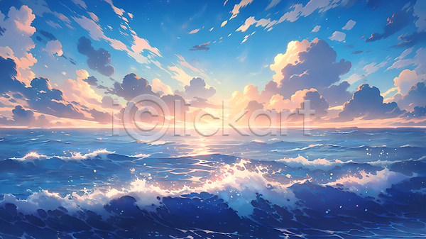 사람없음 JPG 일러스트 구름(자연) 바다 일몰 자연 파도 파란색 풍경(경치) 하늘