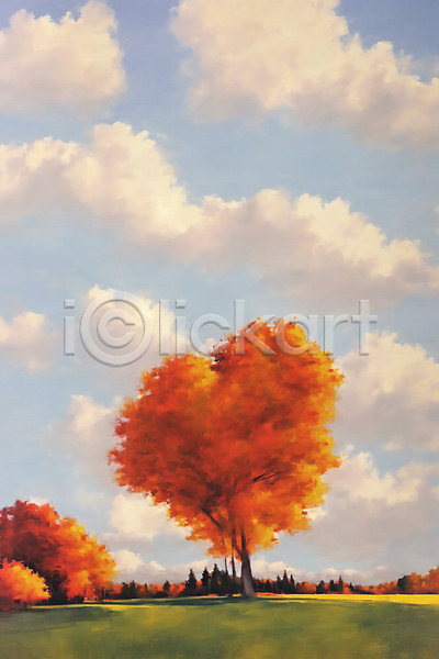 감성 사람없음 JPG 일러스트 가을(계절) 구름(자연) 나무 단풍 유화 자연 풍경(경치) 하늘