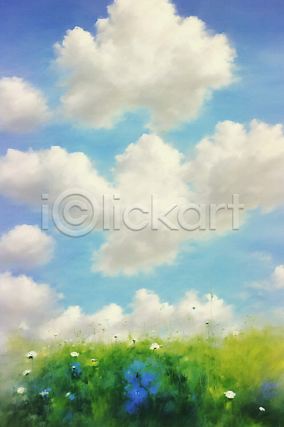 감성 사람없음 JPG 일러스트 구름(자연) 꽃 유화 자연 초원(자연) 풍경(경치) 하늘