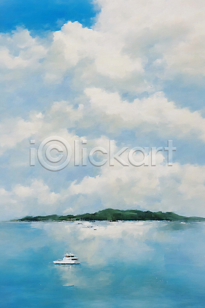 감성 사람없음 JPG 일러스트 구름(자연) 바다 섬 유람선 유화 자연 파란색 풍경(경치) 하늘