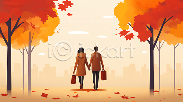 남자 두명 성인 성인만 여자 JPG 일러스트 가을(계절) 구름(자연) 나무 낙엽 단풍 도시 들기 백그라운드 손잡기 쇼핑 쇼핑백 잎 전신 커플 하늘