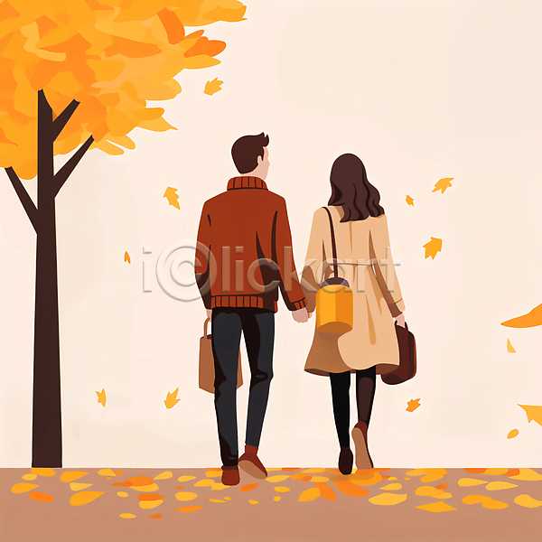 남자 두명 성인 성인만 여자 JPG 일러스트 가을(계절) 나무 낙엽 단풍 들기 백그라운드 손잡기 쇼핑 쇼핑백 잎 전신 커플