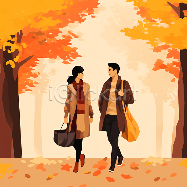 남자 두명 성인 성인만 여자 JPG 일러스트 가을(계절) 걷기 나무 낙엽 단풍 들기 마주보기 백그라운드 쇼핑 쇼핑백 잎 전신 커플