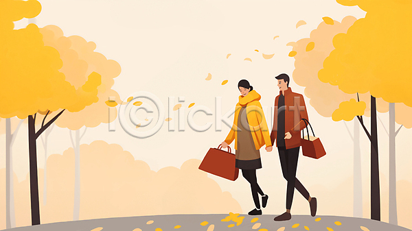 남자 두명 성인 성인만 여자 JPG 일러스트 가을(계절) 걷기 나무 낙엽 단풍 들기 백그라운드 손잡기 쇼핑 쇼핑백 잎 전신 커플