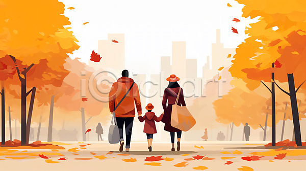 남자 성인 세명 어린이 여러명 여자 JPG 실루엣 일러스트 가방 가을(계절) 가족 건물 걷기 나무 낙엽 단풍 도시 백그라운드 손잡기 쇼핑 쇼핑백 잎 전신 하늘