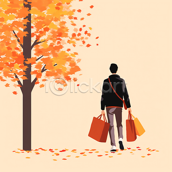 남자 성인 성인남자한명만 한명 JPG 일러스트 가을(계절) 걷기 나무 낙엽 단풍 들기 백그라운드 쇼핑 쇼핑백 잎 전신