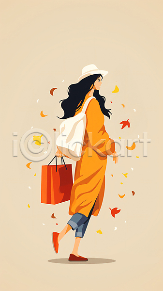 성인 성인여자한명만 여자 한명 JPG 일러스트 가방 가을(계절) 낙엽 단풍 들기 모자(잡화) 백그라운드 쇼핑 쇼핑백 잎 전신 코트