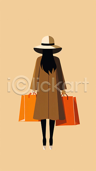 성인 성인여자한명만 여자 한명 JPG 일러스트 가방 가을(계절) 구두 들기 모자(잡화) 백그라운드 쇼핑 쇼핑백 전신 코트