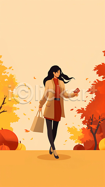 성인 성인여자한명만 여자 한명 JPG 일러스트 가방 가을(계절) 걷기 구두 나무 낙엽 단풍 들기 백그라운드 쇼핑 쇼핑백 잎 전신 지갑 코트
