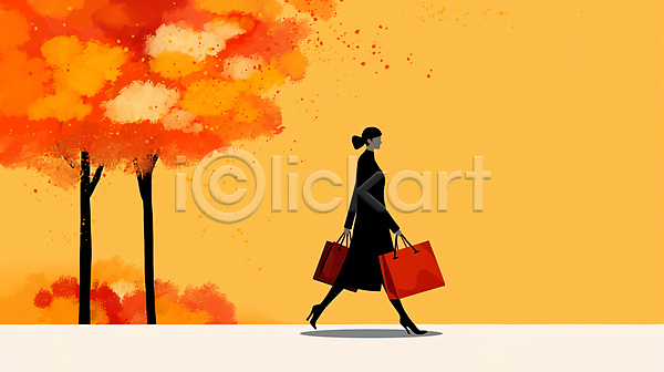 성인 성인여자한명만 여자 한명 JPG 일러스트 가방 가을(계절) 걷기 나무 낙엽 단풍 들기 백그라운드 쇼핑 쇼핑백 잎 전신