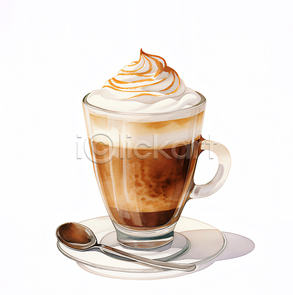 사람없음 JPG 일러스트 갈색 라떼 수채화(물감) 오브젝트 음료 잔 카페 커피 크림 티스푼