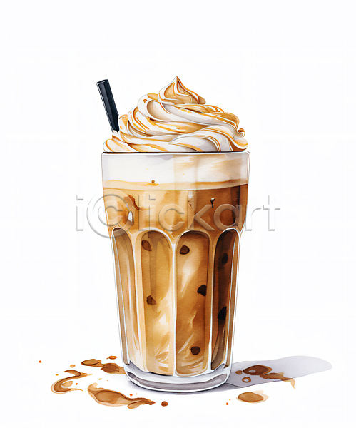 사람없음 JPG 일러스트 갈색 빨대 수채화(물감) 오브젝트 음료 잔 카페 캐러멜 캬라멜마끼야또 커피 크림