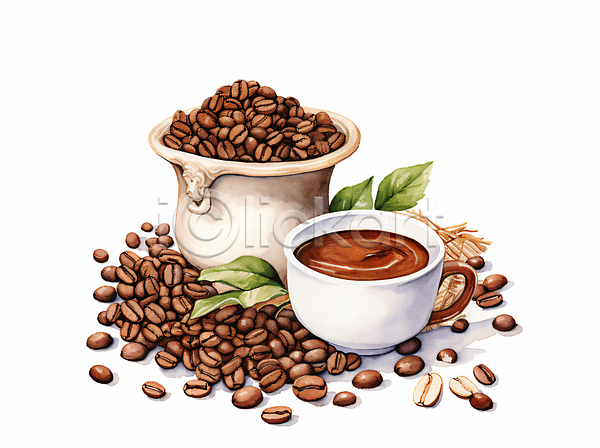 사람없음 JPG 일러스트 갈색 나뭇잎 수채화(물감) 오브젝트 원두 음료 카페 커피 커피잔
