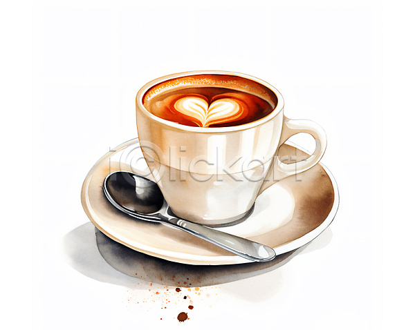 사람없음 JPG 일러스트 갈색 라떼아트 수채화(물감) 에스프레소 에스프레소잔 오브젝트 음료 카페 커피 커피잔 티스푼