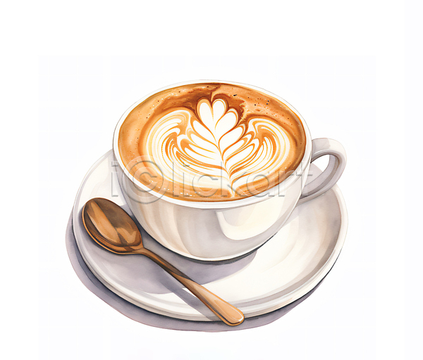 사람없음 JPG 일러스트 갈색 라떼 라떼아트 수채화(물감) 오브젝트 음료 카페 커피 커피잔 티스푼