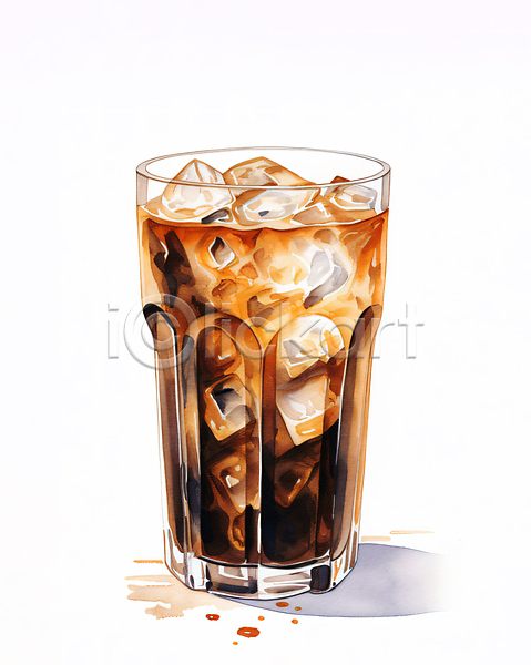 사람없음 JPG 일러스트 갈색 수채화(물감) 아이스아메리카노 아이스커피 얼음 오브젝트 음료 잔 카페 커피