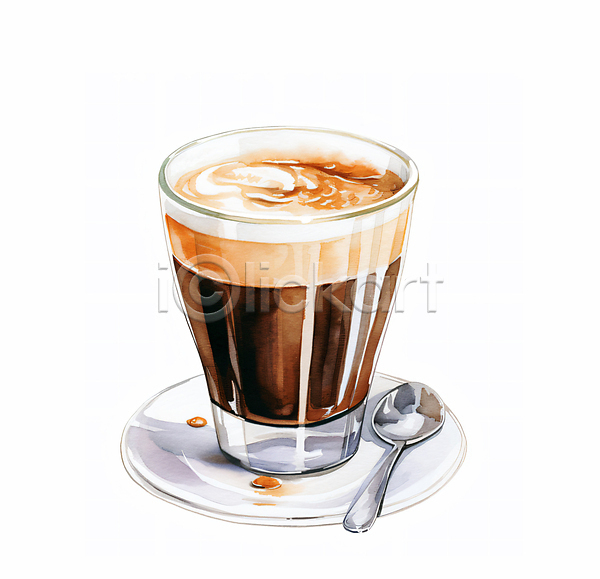 사람없음 JPG 일러스트 갈색 수채화(물감) 오브젝트 음료 잔 카페 커피 크림 티스푼